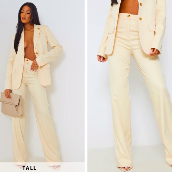NWT PrettyLittleThing 2 Piece Suit Blazer Trousers Set Office Off White Buttons - Picture 3 of 13